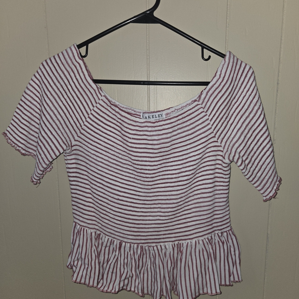 Womens Blakely Striped Red & White Ruffle-Hem Crop Top Size 1x